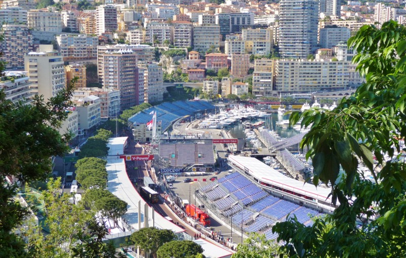 Looking down on the pits and grandstands