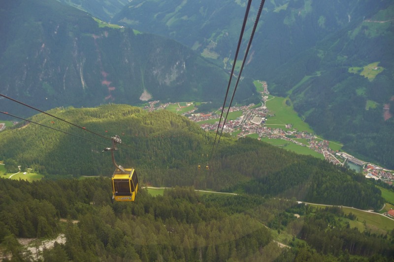 Riding the gondola back down to Mayrhofen