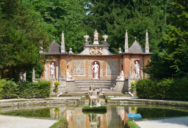 One of the trick fountains in the Schloss Hellbrun gardens