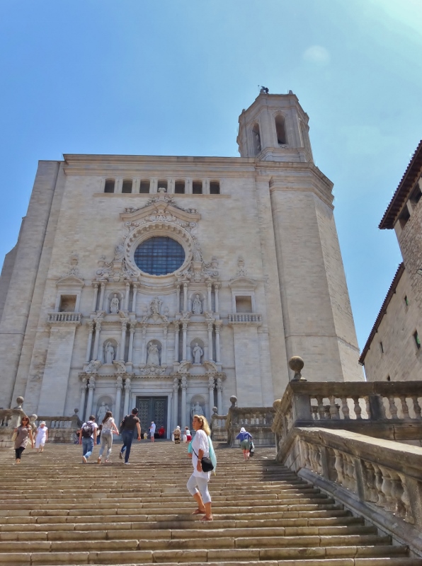 Heading up the ninety steps to the cathedral in Girona