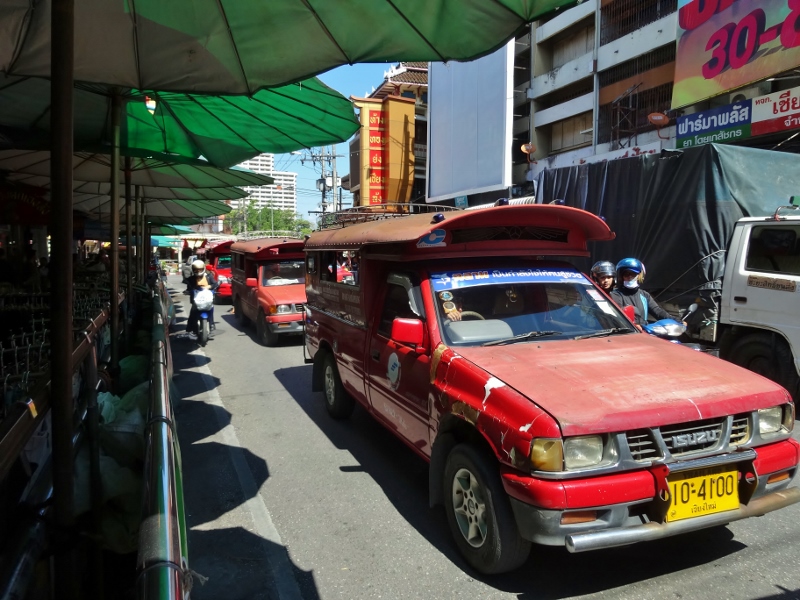 Rót daang or red share taxi cars at Warorot Market, Chiang Mai