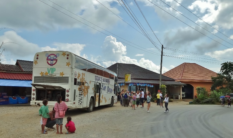 The incorrectly named VIP Bus at a loo stop en route to Vang Vieng