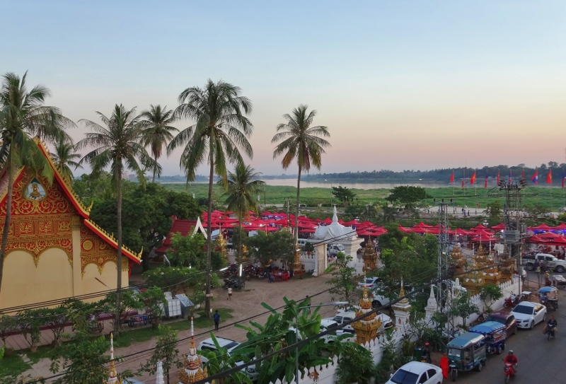 The view from our hotel room over the Mekong and night market in Vietiane